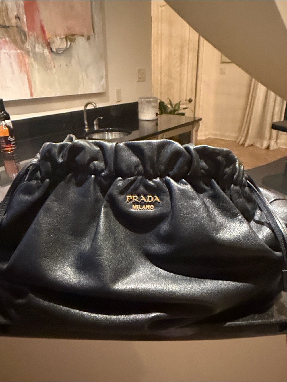 Prada Nero Large Drawstring Leather Tote with Gold Logo - Picture 5 of 16